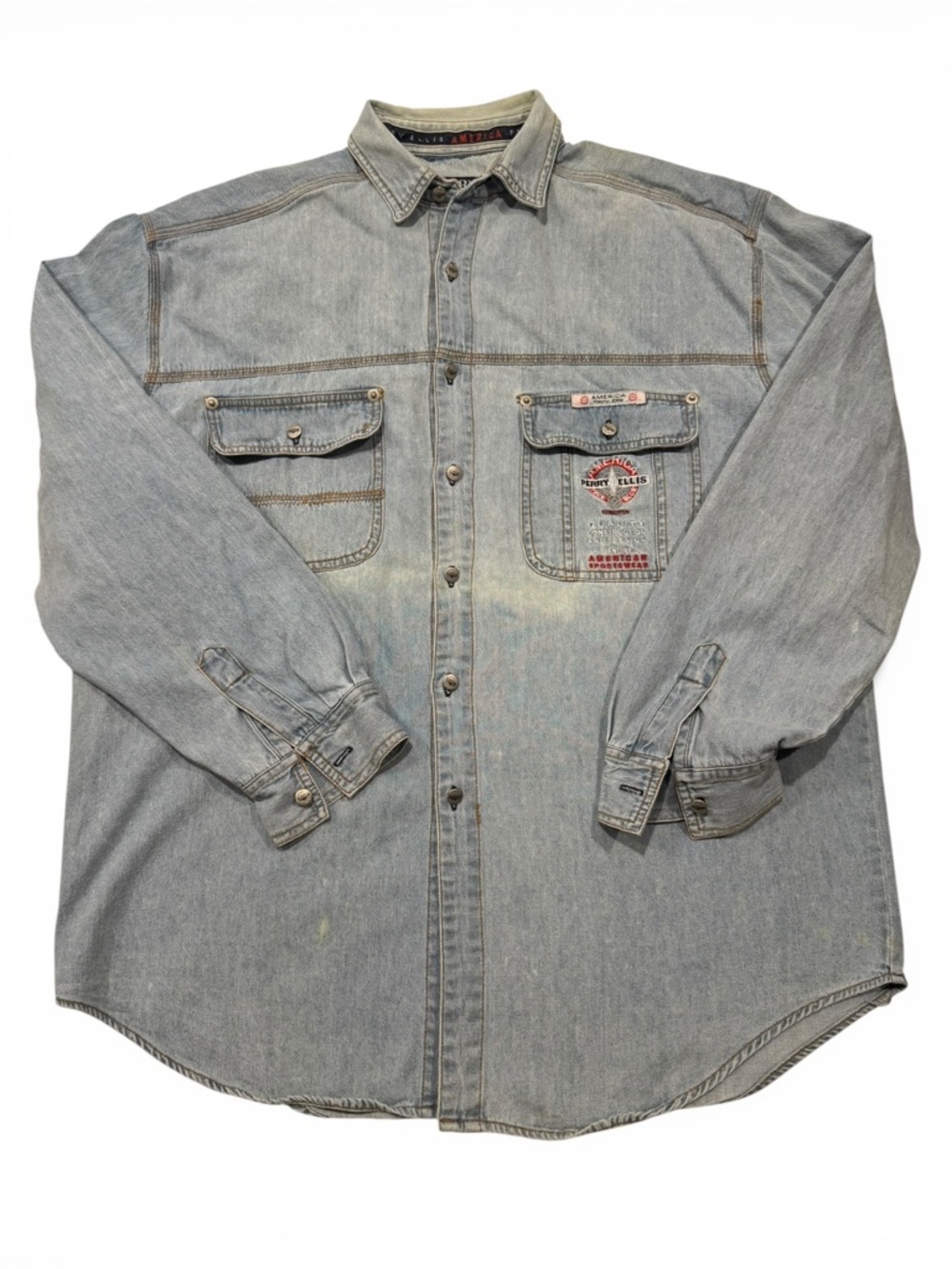 Vintage Perry Ellis America Blue Denim Long Sleeve Denim Shirt Embroidered Logo